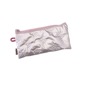 Trousse à crayons matelassée rose clair avec motifs de nœuds et fermeture éclair