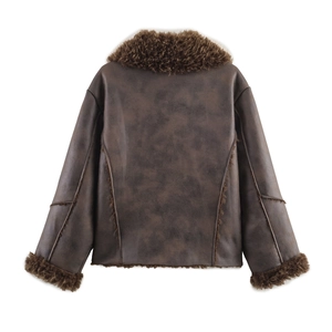 Back view of brown faux shearling jacket with oversized fit and plush fur trim accents