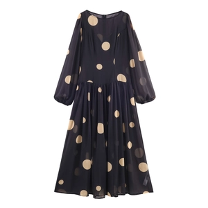 Robe Maxi À Pois Pour Femmes Manches Longues Mousseline Épaules Dénudées Taille Haute Élégante Longue Robe Fluide