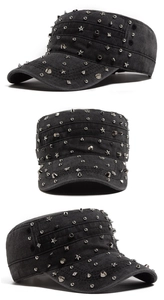Three-view detail of black washed denim military cap with silver metal studs and spikes