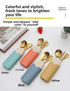 Detail of portable stainless steel cutlery set with storage boxes in four vibrant colors