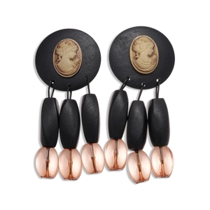 Vintage oval cameo portrait earrings with black wood beads and fringe acrylic tassels