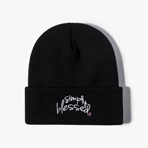 Classic black knitted beanie with white simply blessed embroidery and pink cross