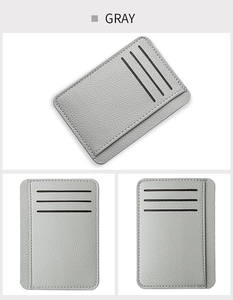 Detail of gray PU leather card holder showing multi-slot design and neat stitching