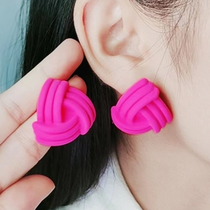 Chic matte rose pink woven knot triangle stud earrings for women in Korean style