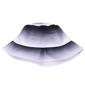 Detail of gradient black and white bucket hat with fine stitching and flat top design