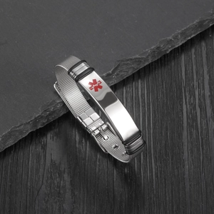 Silver medical ID mesh bracelet with red Star of Life on adjustable stainless steel band
