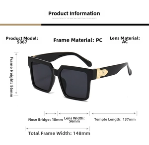 Detail of square sunglasses with golden M metal piece and PC frame dimensions
