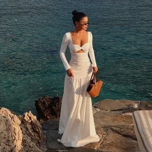 Women Long Sleeve Maxi Dress Hollow Out Ruched Square Neck Sexy Beach Vacation High Waist Solid Color Elegant