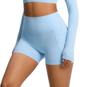 Ensemble short de yoga taille haute et haut court à manches longues bleu clair avec poches