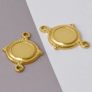Detail of gold stainless steel round bezel pendant with rope edge and dual hanging loops