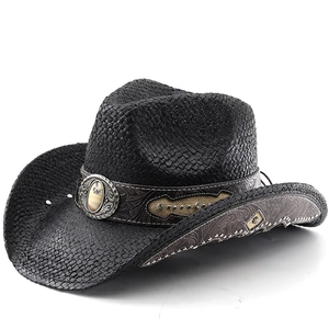 Western Cowboy Straw Hat Vintage Paper Straw Sun Hat With PU Leather Band Metal Studs And Synthetic Stone For Men Women
