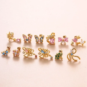 Golden bow and star cartilage studs set with colorful cubic zirconia in 12 styles