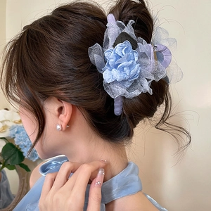 Elegant organza flower hair claw with pearls and blue rose design for women