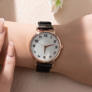 Fashion women's quartz watch with white numeric dial and black magnetic mesh strap