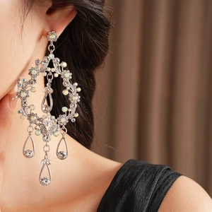 Close-up of silver baroque tassel earrings with rhinestones and teardrop pendants on model