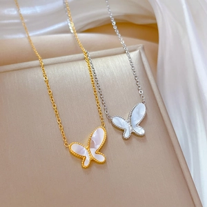 Minimalist gold and silver titanium steel necklaces with white shell butterfly pendants