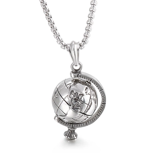 Minimalist spinning globe pendant necklace in silver stainless steel for men on white background