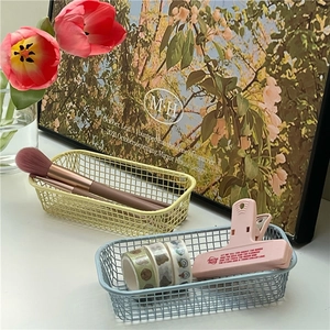 Minimalist wire mesh desk organizer baskets in yellow and blue colors for stationery storage
