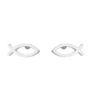 Pair of minimalist silver stainless steel Ichthys fish stud earrings on white background