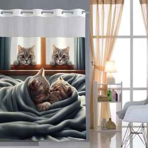Detail of waffle print curtain with 3D tabby cat design and silver metal grommets