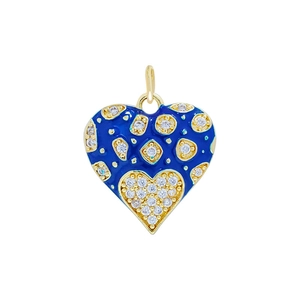 Detailed view of copper heart pendant with blue enamel and micro-set cubic zirconia