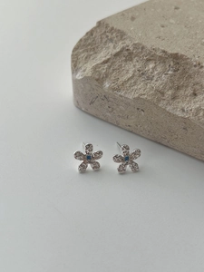 Detailed macro view of silver flower stud earrings with hammered texture and blue zircon