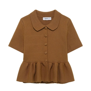 Women Knit Short Sleeve Cardigan Top Brown Peter Pan Collar Ruffle Hem Button Up Sweet Style Vintage Knitted Shirt