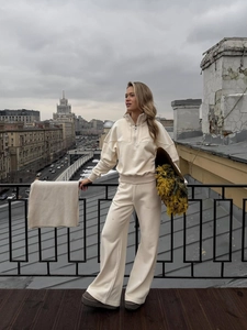 Women Sweatshirt And Wide Leg Pants Cotton Blend Half Zipper Stand Collar Long Sleeve High Waist Casual Solid Color