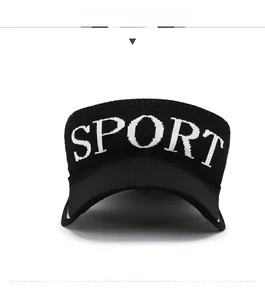 Front view of black sun visor hat with white embroidered SPORT text and wide brim