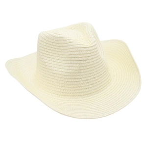 Close-up of cream woven straw Panama hat featuring a western cowboy style and wide brim
