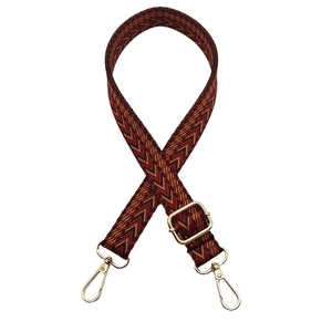 Adjustable red-brown herringbone woven shoulder strap with gold metal hooks and buckle