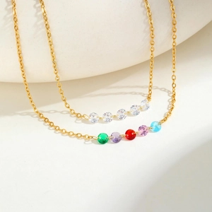 Gold stainless steel necklaces with white cubic zirconia and colorful gemstones