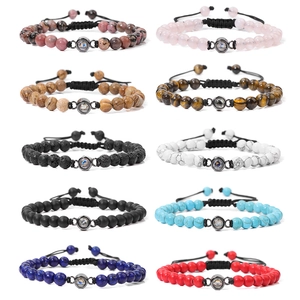Natural Stone Beaded Bracelet Multi-Language I Love You Projection Alloy Charm Handmade Adjustable Rope For Couples