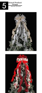 Detail of Christmas tree topper bows with truck print and Merry Christmas ribbon patterns