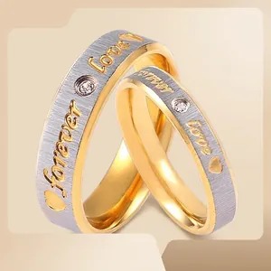 Forever Love couple rings in brushed silver and gold plating with small diamond setting