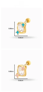 Detailed view of gold star stud earring with rectangular gemstone and blue accents