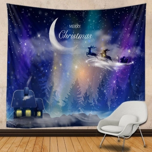 Detail of Christmas tapestry featuring a snowy night scene with Santa and festive lighting