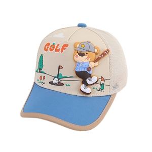 Kids golf bear baseball cap with mesh back and blue brim for summer sun protection