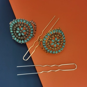 Vintage Flower Hair Stick Turquoise Inlay Zinc Alloy Hairpin Bohemian Ethnic Style Hair Jewelry For Women Girls