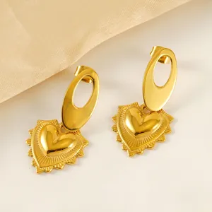 Boucles D'oreilles Pendantes Cœur Plaqué Or 18K Acier Inoxydable Lien Ovale Évidé Bord Rayon De Soleil Rétro Bijoux