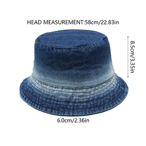 Detail of gradient blue denim bucket hat with head circumference and brim measurements