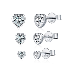Three pairs of S925 sterling silver heart stud earrings with sparkling moissanite stones