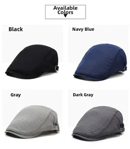 Detail view of breathable mesh flat caps in black, navy, and grey with metal side buckles
