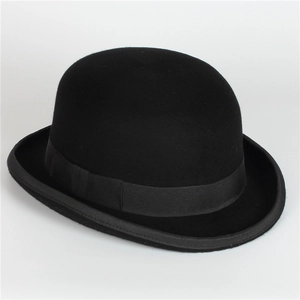 Classic black wool felt bowler hat with a satin ribbon and stylish rolled brim for unisex
