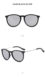Detailed front and side views of matte black sunglasses with silver reflective lenses