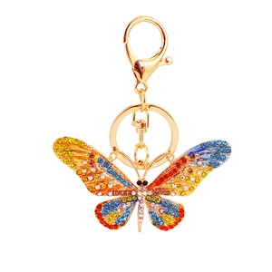 Exquisite gold butterfly keychain featuring colorful rhinestones for car keys and bags