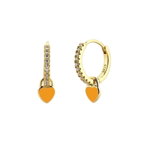 Gold S925 silver heart earrings with orange enamel and zircon accents on white background