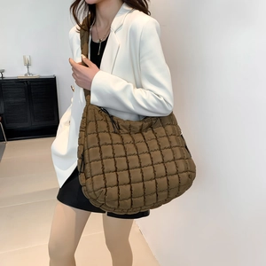 Quilted olive brown puffer tote bag with puffy diamond stitching for daily commute use