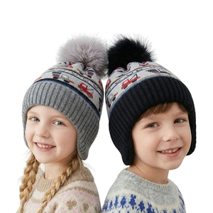 Kids Boys Winter Knit Beanie Hat With Earflaps Fleece Lined Warm Cartoon Truck Pattern Pom Pom Jacquard Windproof Casual